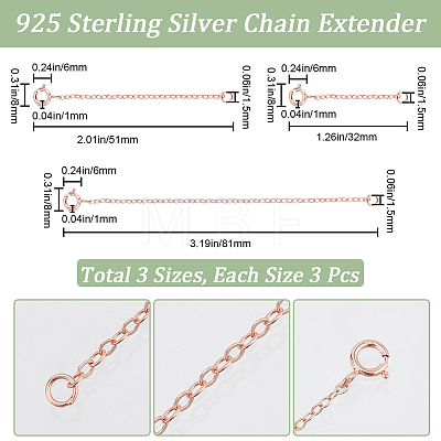 Beebeecraft 9Pcs 3 Style 925 Sterling Silver Cable Chain Extender FIND-BBC0003-31-1