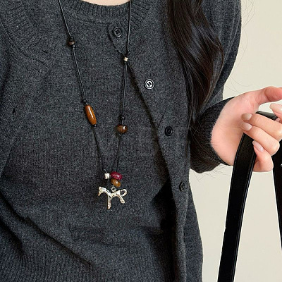 Alloy & Wood Horse Pendant Adjustable Waxed Cord Long Necklaces for Women WGBF527-01-1