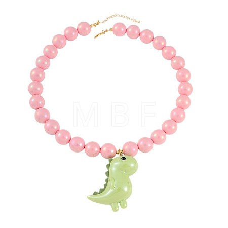 Resin Dinosaur Pendant Pink Round Beaded Necklaces for Women WG6D99C-01-1
