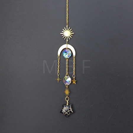 Natural Obsidian Star Sun Catcher Hanging Ornaments with Brass Sun HJEW-PW0002-13D-1