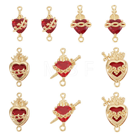 10Pcs 5 Styles Brass with Glass Dark Red Sacred Heart Connector Charms KK-TA0008-63-1