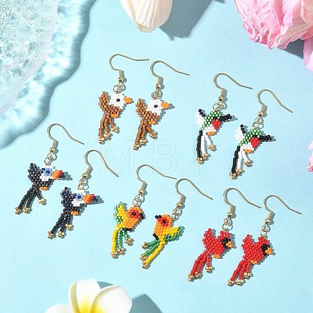 5 Pairs 304 Stainless Steel MIYUKI Glass Seed Beads Bird Dangle Earrings EJEW-MZ00555-1