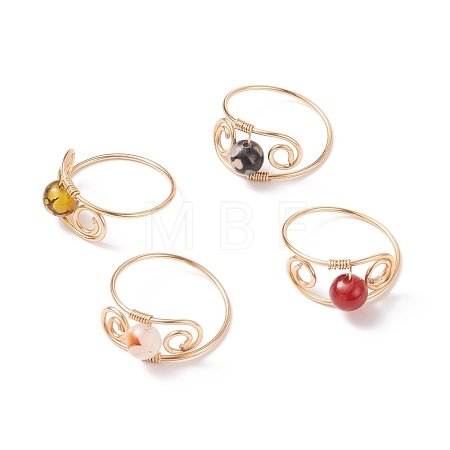Round Natural Gemstone Braided Finger Ring RJEW-JR00502-1