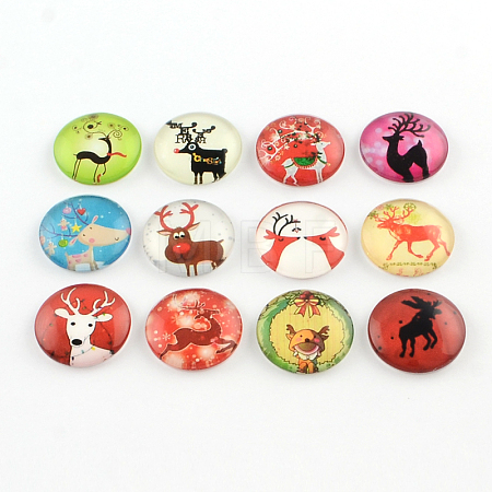 Half Round/Dome Christmas Reindeer/Stag Pattern Glass Flatback Cabochons for DIY Projects X-GGLA-Q037-12mm-39-1