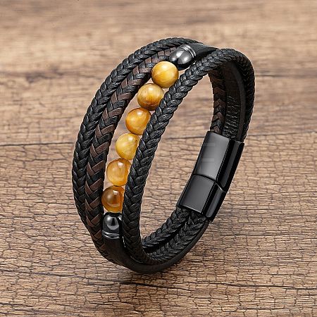 Natural Tiger Eye Round Beads & Braided Imitation Leather Cord Bracelets for Men FS-WGCE7B3-05-1