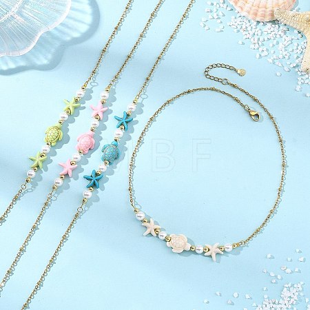 Ocean Synthetic Turquoise Starfish Turtle and Round Shell Pearl Beaded Necklaces NJEW-JN06168-1