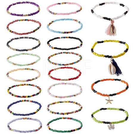 Sparkling Glass Seed Beads Stretch Anklets Set AJEW-SW00004-1