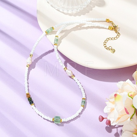 Natural Green Aventurine Heishi Beads & Rice Natural Pearl & Glass Seed Beaded Necklaces NJEW-JN06249-01-1