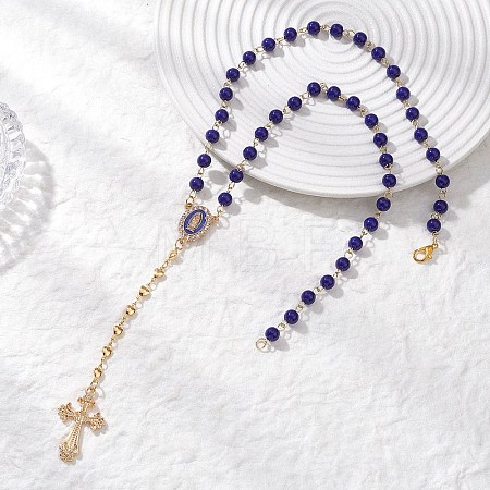 Blue Round Glass Rosary Bead Necklaces NJEW-JN05626-1