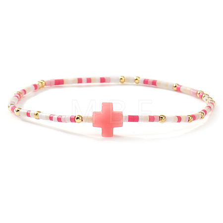 Bohemian Cross Charm Glass Seed Bead & Brass Beads Stretch Bracelet for Women SA4132-9-1