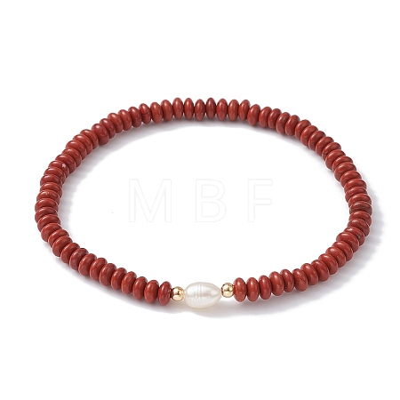 Natural Red Jasper Rondelle & Pearl Beaded Stretch Bracelets BJEW-JB09918-01-1