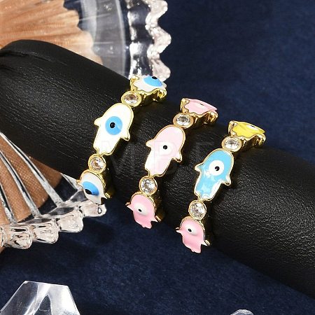 Brass Micro Pave Clear Cubic Zirconia Enamel Cuff Rings for Women RJEW-L113-038G-1