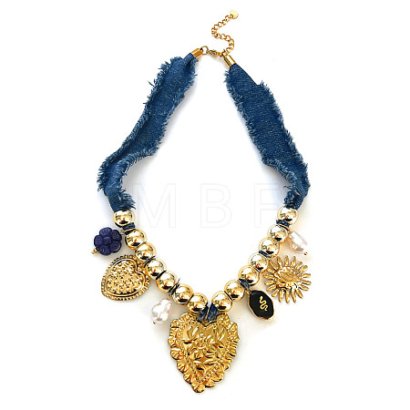 316L Surgical Stainless Steel & Resin & Plastic Pearl Heart Pendant Denim Cloth Bib Necklaces for Women WGD44EE-01-1