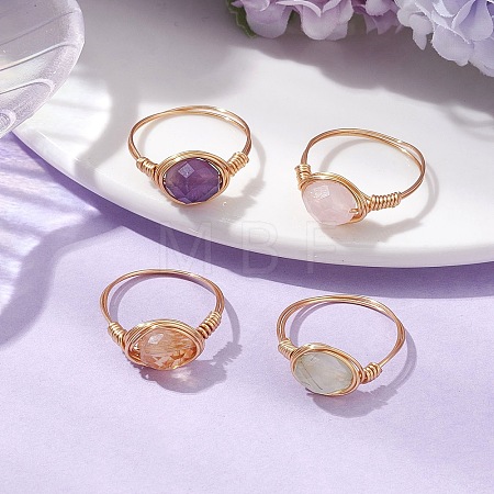 Oval Natural Rose Quartz & Prehnite & Amethyst & Citrine Finger Rings RJEW-JR00802-1