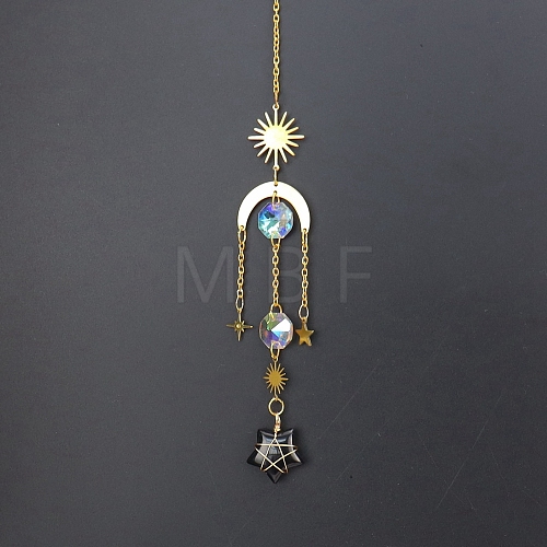 Natural Obsidian Star Sun Catcher Hanging Ornaments with Brass Sun HJEW-PW0002-13D-1