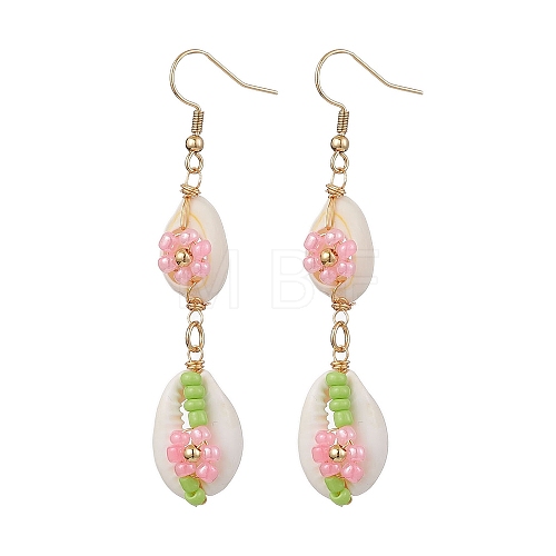 Cowrie Shell Flower Dangle Earrings EJEW-MZ00250-01-1