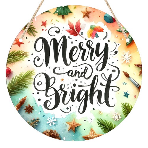 Christmas Wood Flat Round with Word Merry & Bright Pendant Decoration PW-WG88807-03-1