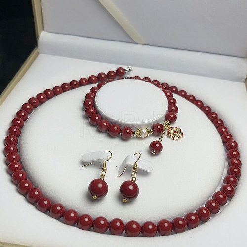 Cinnabar Round Beaded Necklaces & Bracelets & Dangle Earring Sets WGFCFD5-03-1