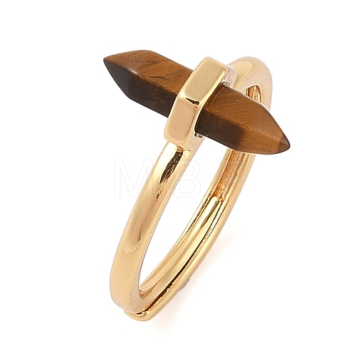 Double Pointed Hexagonal Prism Natural Tiger Eye Adjustable Rings for Women RJEW-G327-01G-12-1