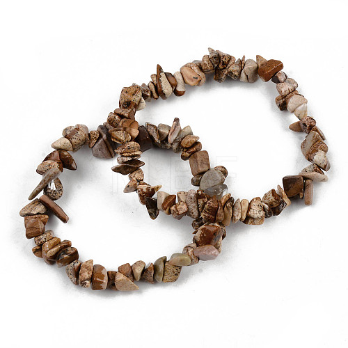 Unisex Chip Natural Picture Jasper Beaded Stretch Bracelets BJEW-S143-29-1