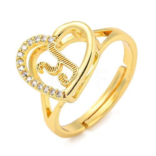 Heart with Letter Rack Plating Brass Micro Pave Cubic Zirconia Adjustable Rings for Women RJEW-I105-06G-Y-1