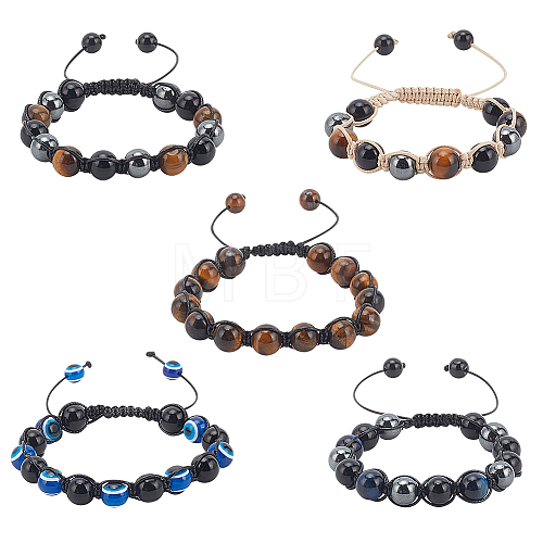 5Pcs 5 Styles Natural & Synthetic Mixed Gemstone Round & Evil Eye Braided Bead Bracelets Set BJEW-AN0001-54-1
