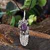 Natural Amethyst Alloy Feather Pendant Black PU Leather Cord Necklaces FS1864-2-1