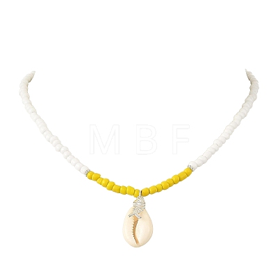 Summer Beach Natural Cowrie Shell & Alloy Fishbone Pendant Glass Beaded Necklaces for Women NJEW-JN06578-1