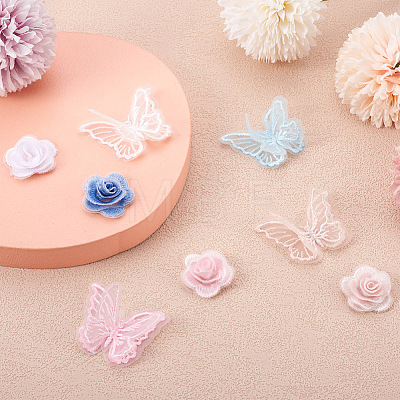 Beadthoven 24Pcs 12 Style 3D Rose Organgza Lace Embroidery & Butterfly Ornament Accessories DIY-BT0001-48-1