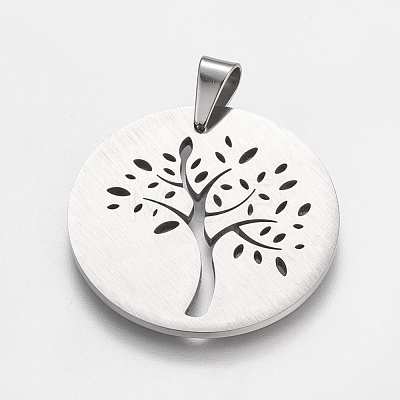 Trendy Flat Round with Tree Necklace Findings 304 Stainless Steel Textured Pendants STAS-L012-D09P-1