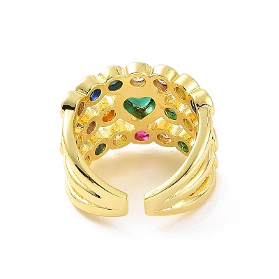 Colorful Cubic Zirconia Heart Open Cuff Ring RJEW-C061-03G-1