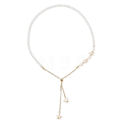 Ocean White Round Shell Pearl Beaded Slider Necklaces NJEW-JN06076-1