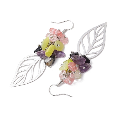 Leaf 201 Stainless Steel Natural Amethyst & Natural Lemon Jade & Natural Tourmaline & Synthetic Cherry Quartz Chip Dangle Earrings EJEW-JE06138-04-1