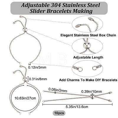 Beebeecraft 10Pcs 304 Stainless Steel Slider Bracelet/Bolo Bracelets Making STAS-BBC0004-66-1