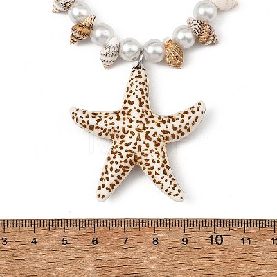 Ocean Natuarl Spiral Shell & Baking Paint Glass Pearl Round Beaded Opaque Acrylic Pendant Necklaces NJEW-JN06306-01-1