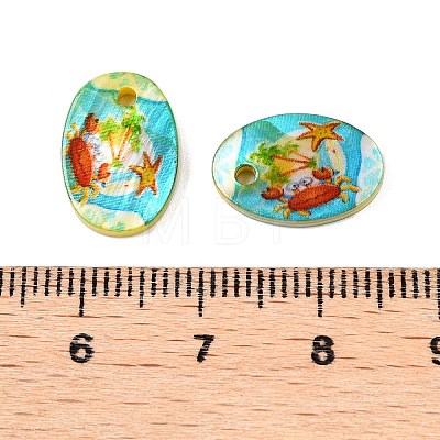 Natural Freshwater Shell Double Face Printed Oval Charms SHEL-T020-05B-1