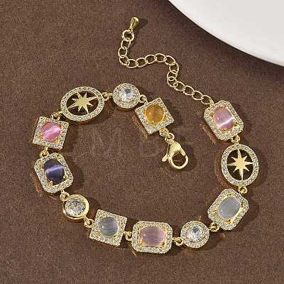 Brass Micro Pave Cubic Zirconia & Cat Eye Rectangle & Square & Oval Link Chain Bracelets for Women BJEW-G764-08G-1