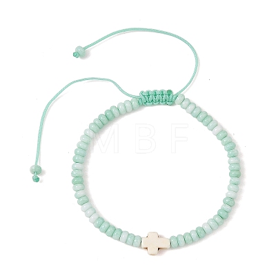 Adjustable Dyed Synthetic Turquoise Religion Cross & Ombre Effect Dyed Glass Rondelle Braided Bead Bracelets BJEW-JB14309-01-1
