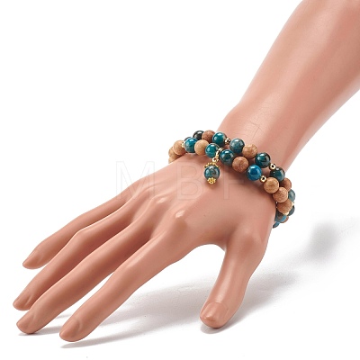 Natural Apatite & Wood Round Beads Stretch Bracelets Set BJEW-JB07165-01-1