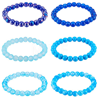6Pcs 6 Styles 8mm Glass Round Beaded Stretch Bracelet Sets BJEW-TAC0021-1