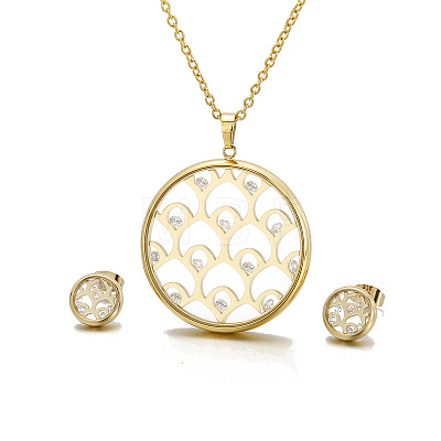 Hollow Round 304 Stainless Steel Cubic Zirconia & Glass Stud Earrings & Pendant Necklaces Sets FS-WG9AF8B-01-1