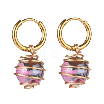 Round Natural Agate Beads Dangle Huggie Hoop Earrings EJEW-JE04718-04-1