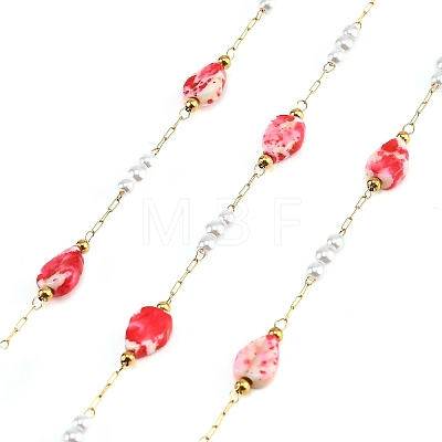 Handmade Stainless Steel & Natural Shell & ABS Plastic Pearl Beaded Link Chains SA-CBA6C37-02G-02-1