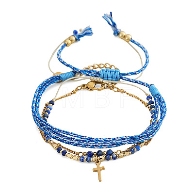 3Pcs Adjustable Natural Lapis Lazuli Beaded Braided Bracelet Sets IL6512-3-1