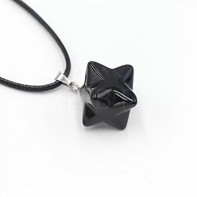 Natural Obsidian Geometric Hexagram Star Pendant Necklaces with Black Cords VZ1120-4-1
