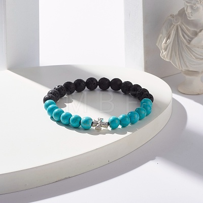 Round Synthetic Turquoise & Natural Lava Rock Stretch Bracelet BJEW-JB07470-03-1