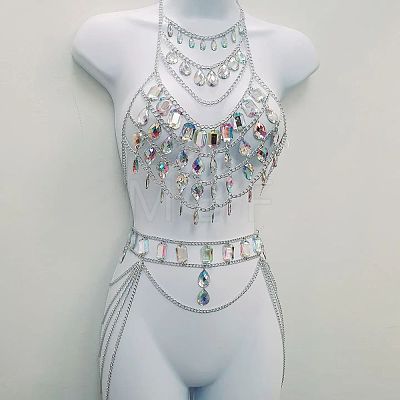 2Pcs Alloy Acrylic Rhinestone Rectangle & Teardrop Sexy Body Chains Suits for Night Club WG98F80-01-1