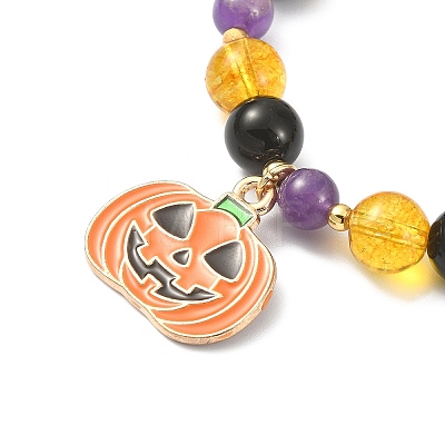 Natural Mixed Gemstone Round Beaded Stretch Bracelet with Alloy Enamel Pumpkin Charms for Halloween BJEW-TA00271-1