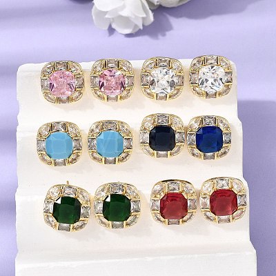 Brass Pave Cubic Zirconia & Glass Stud Earrings EJEW-G471-03G-1