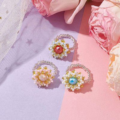 Flower Glass Seed Beaded Stretch Rings for Women RJEW-MZ00022-1